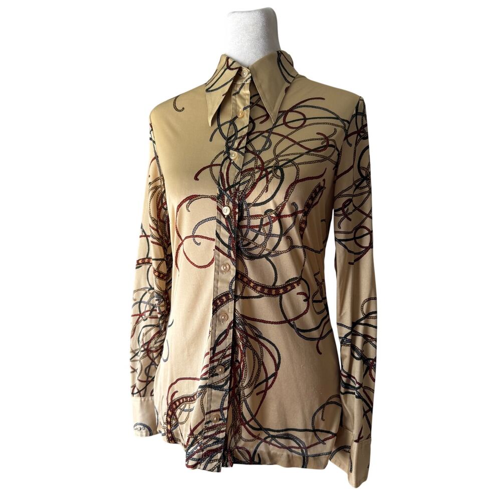 Vintage ‘70s Wayne Rogers Yarn Print Collared Button Front Long Sleeve Blouse